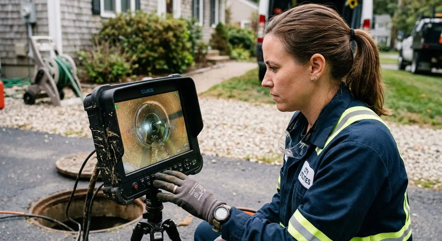 Technician reviewing sewer camera inspection footage in South Salt Lake