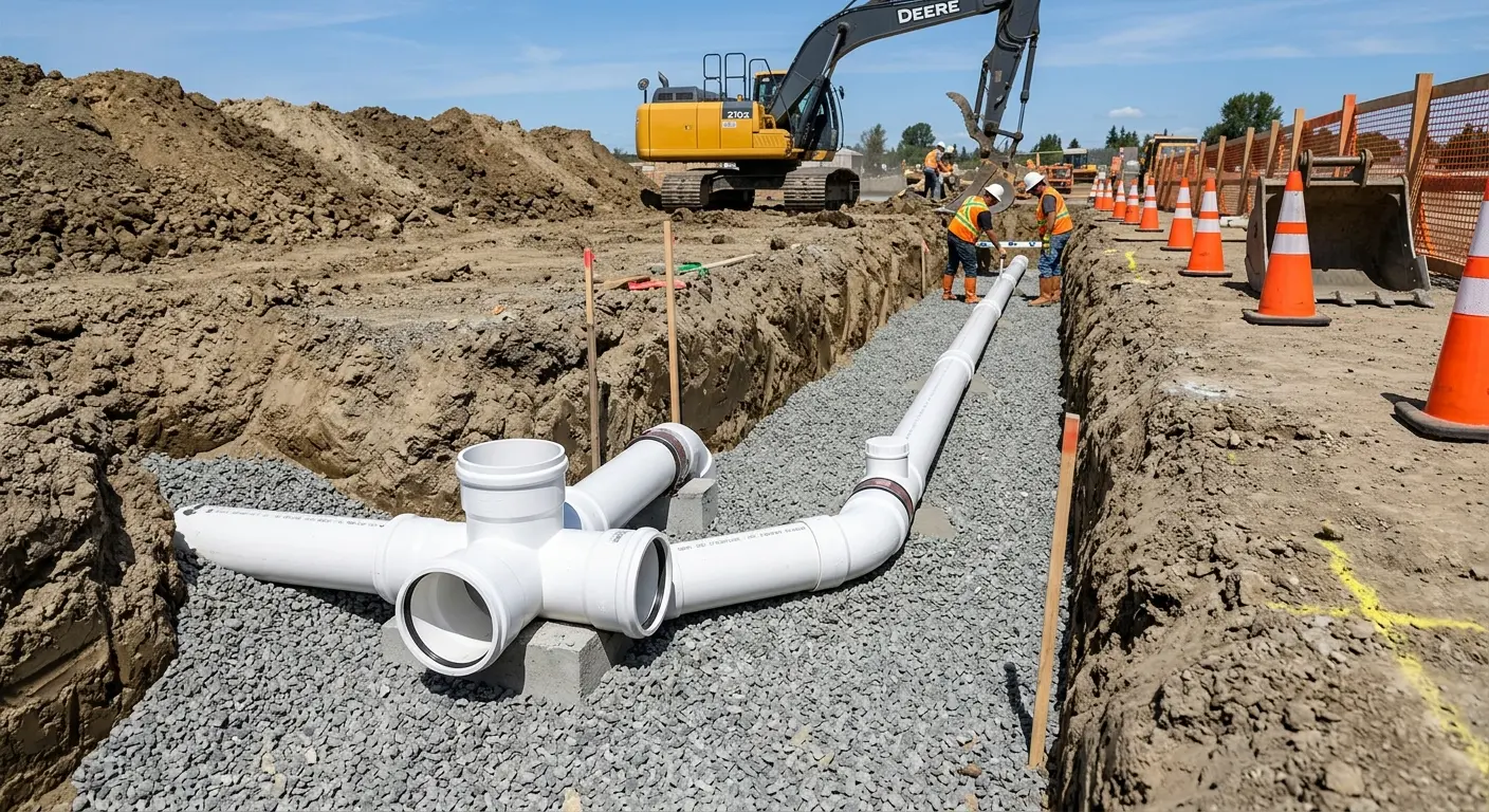 New PVC sewer pipe installation in open trench for Commercial Drain Cleaning in South Salt Lake