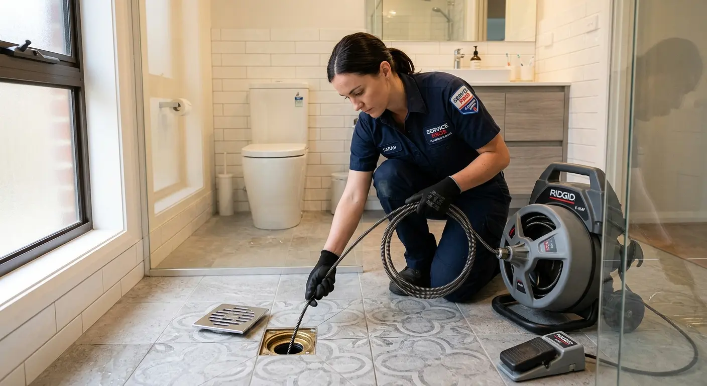 Technician clearing a bathroom floor drain for Clogged Drain Repair in South Salt Lake